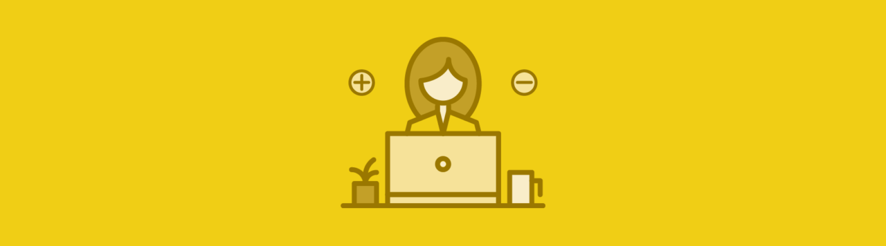 layout by flywheel freelancer pros cons yellow icon woman at desk with plant and mug near plus and minus signs