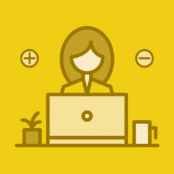 layout by flywheel freelancer pros cons yellow icon woman at desk with plant and mug near plus and minus signs