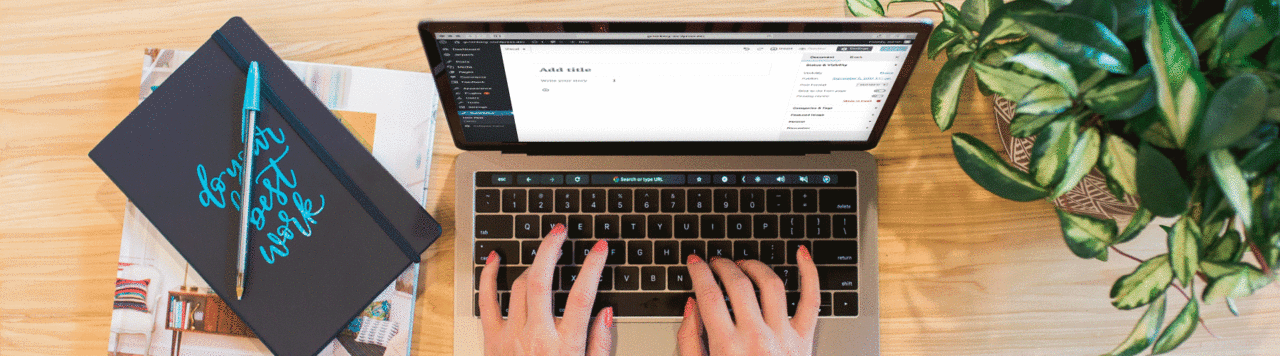 layout by flywheel get ready for gutenberg best wordpress update for content creators laptop with gutenberg editor on screen do your best work notebook and plant on wooden table