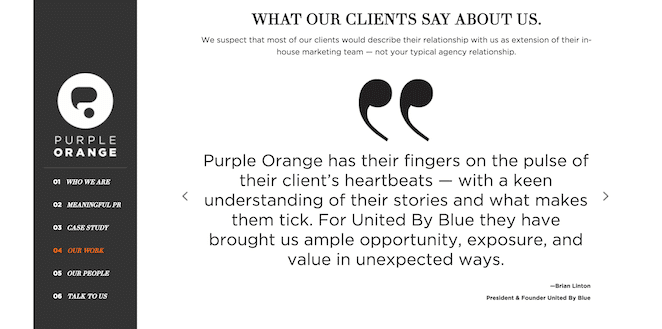 Purple Organge's site, showcasing client testimonials