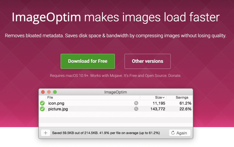 A screenshot of ImageOptim, an image compression tool