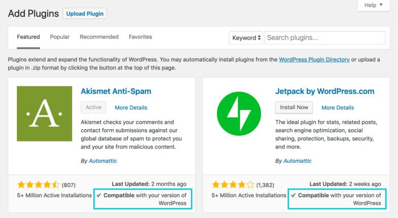 Screenshot of Add Plugins section of the WordPress admin featuring Akismet Anti-Spam plugin and Jetpack by WordPress.com plugin. Blue boxes highlight the section beneath each which reads Compatible with Your Version of WordPress