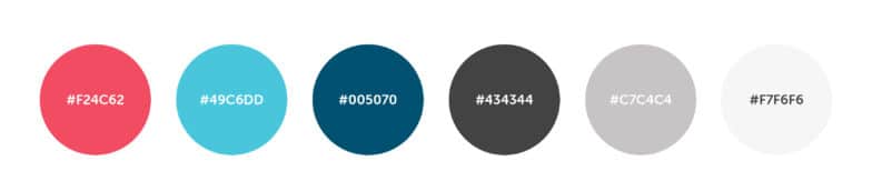 An expanded version of the color palette above that includes the original three colors with an additional 3 shades of grey
