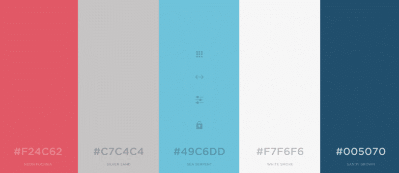 example color palette from above including the red and blue tones as well as a light grey and off-white