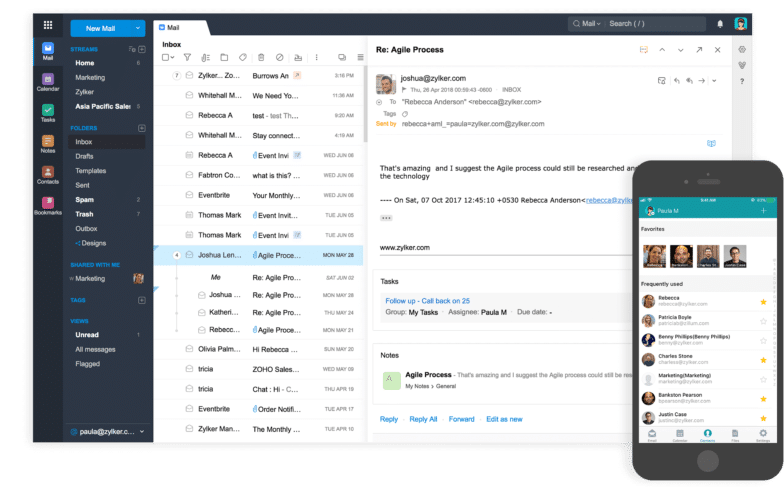 promotional image of Zoho Mail inbox displayed on desktop and mobile