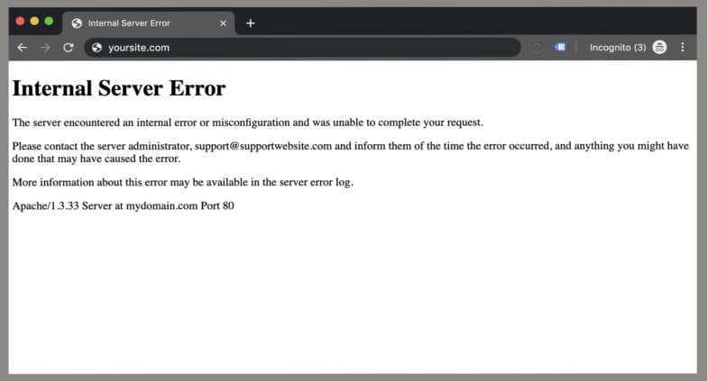 screenshot of a webpage displaying an internal server error