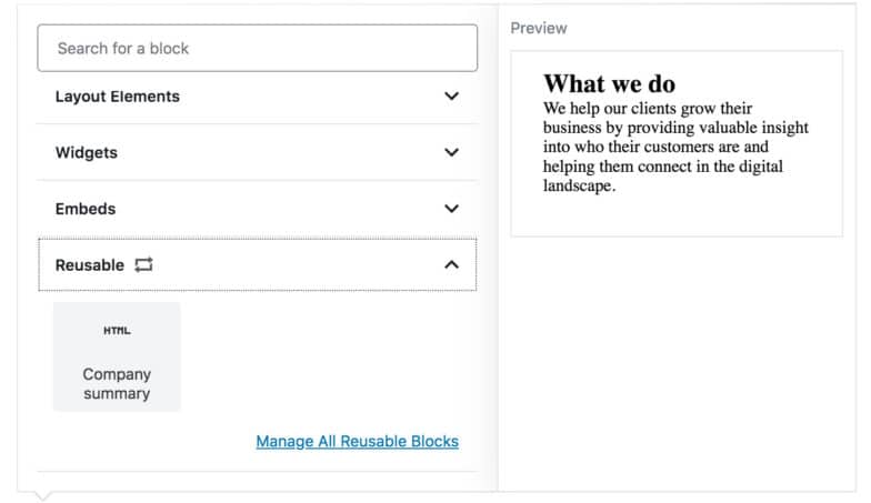 screenshot of gutenberg block titled Company Summary that displays a company summery at the end of all blog posts
