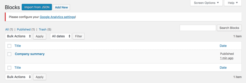 screenshot of Blocks section of a WordPress Admin after uploading a JSON file