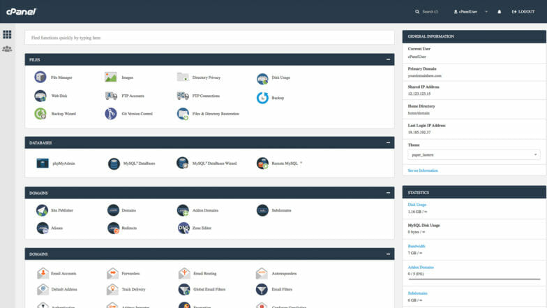 A screenshot of cPanel, showing some of the functions you can perform on your site or server. 