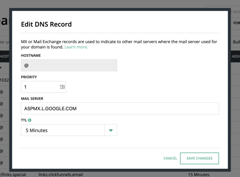This is an example of creating an MX or Mail Exchange record in Hover. Again, even if you’re using a different domain registrar, the essential items you need to create an MX record will be the same: host name, priority, mail server, and TTL.
