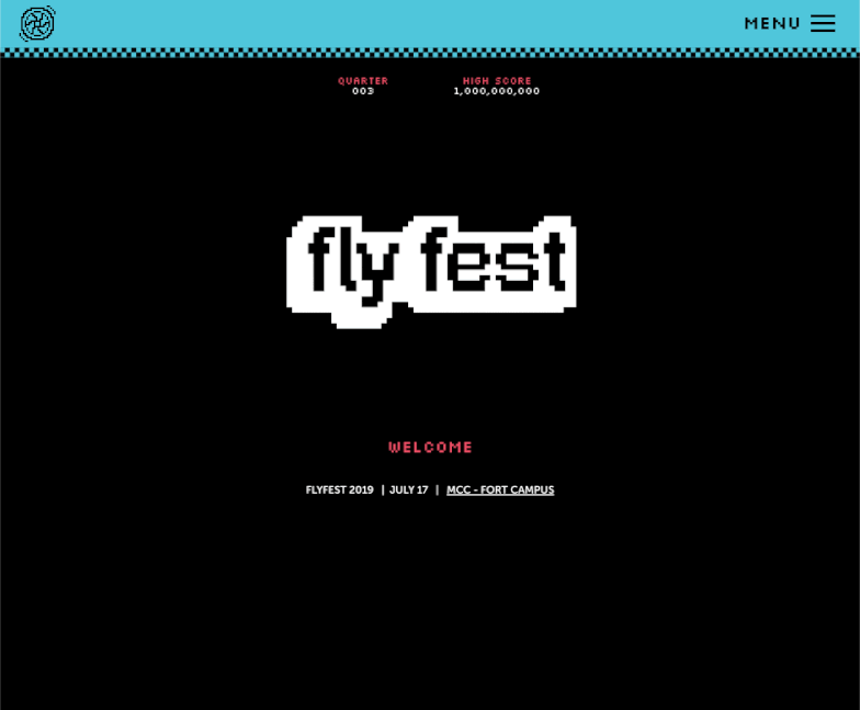 An animated gif of the FlyFest site. It has a black background, with a blue section at the top, and an animated "kid" running across the bottom with a stream of blue, red and yellow behind him. 