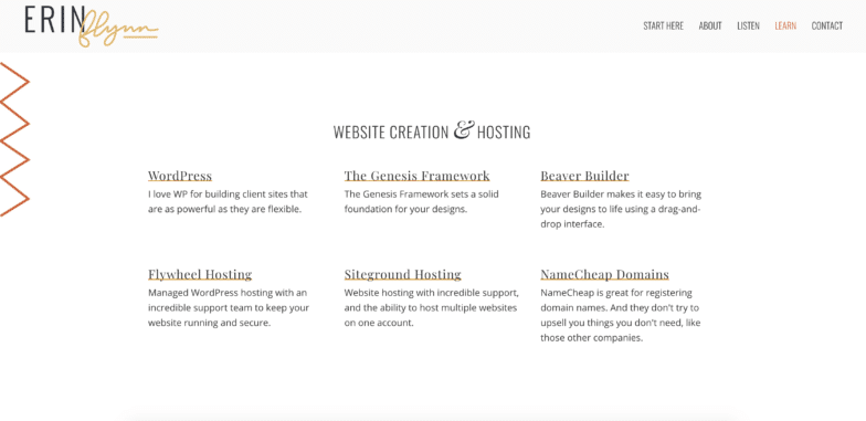 A screenshot of Erin Flynn's resource page. She has "Website creation and hosting" as a category with these companies listed underneath: WordPress, Flywheel hosting, The Genesis Framework, Siteground hosting, Beaver builder, and NameCheap domains. 