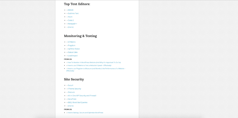 A screenshot of WinningWP's resource page. It lists Top Text Editors, Monitoring and testing, and site security as categories. 