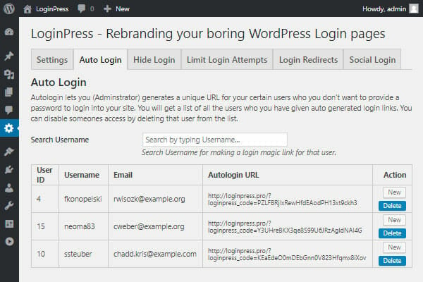 A screenshot of the back-end of LoginPress in WordPress.