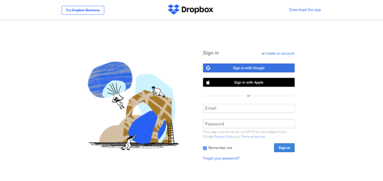 A screenshot of Dropbox's login page featuring a blue abstract art piece on the left. 