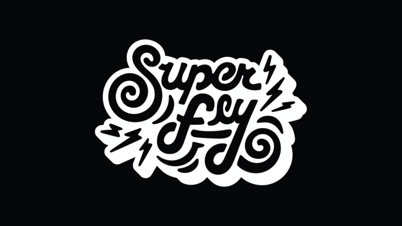 Custom typography in black and white. The text says "Super Fly" in unique font. 