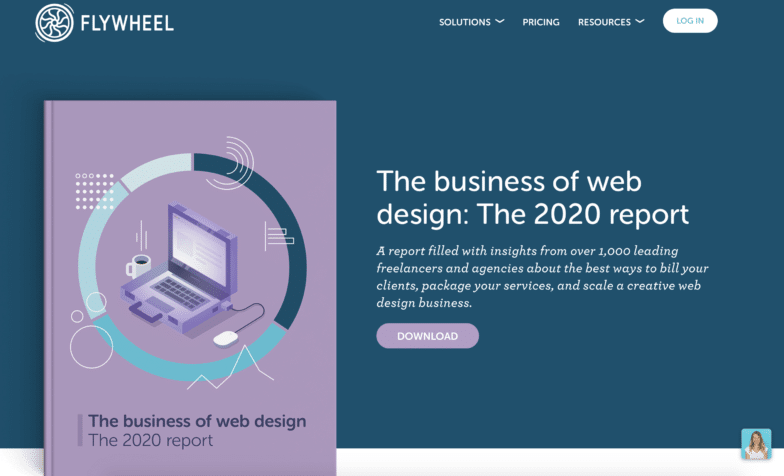 A screenshot of Flywheel's Ebook, the business of web design featuring a laptop, graphs, and illustrations on it. 