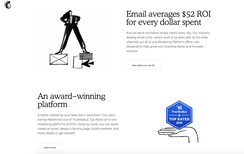 A screenshot of Mailchimp's homepage featuring more simple black illustrations. 