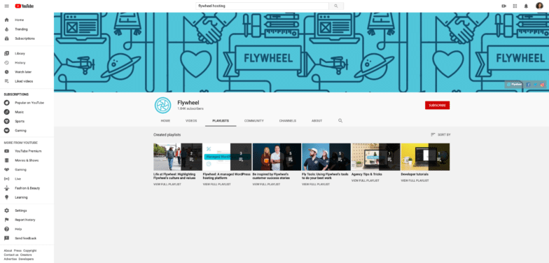 A screenshot of Flywheel's YouTube playlists.