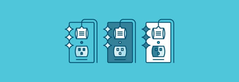 WordPress Form Plugins: Best Practices and Recommendations. three wall outlets signifying plugins on a blue background
