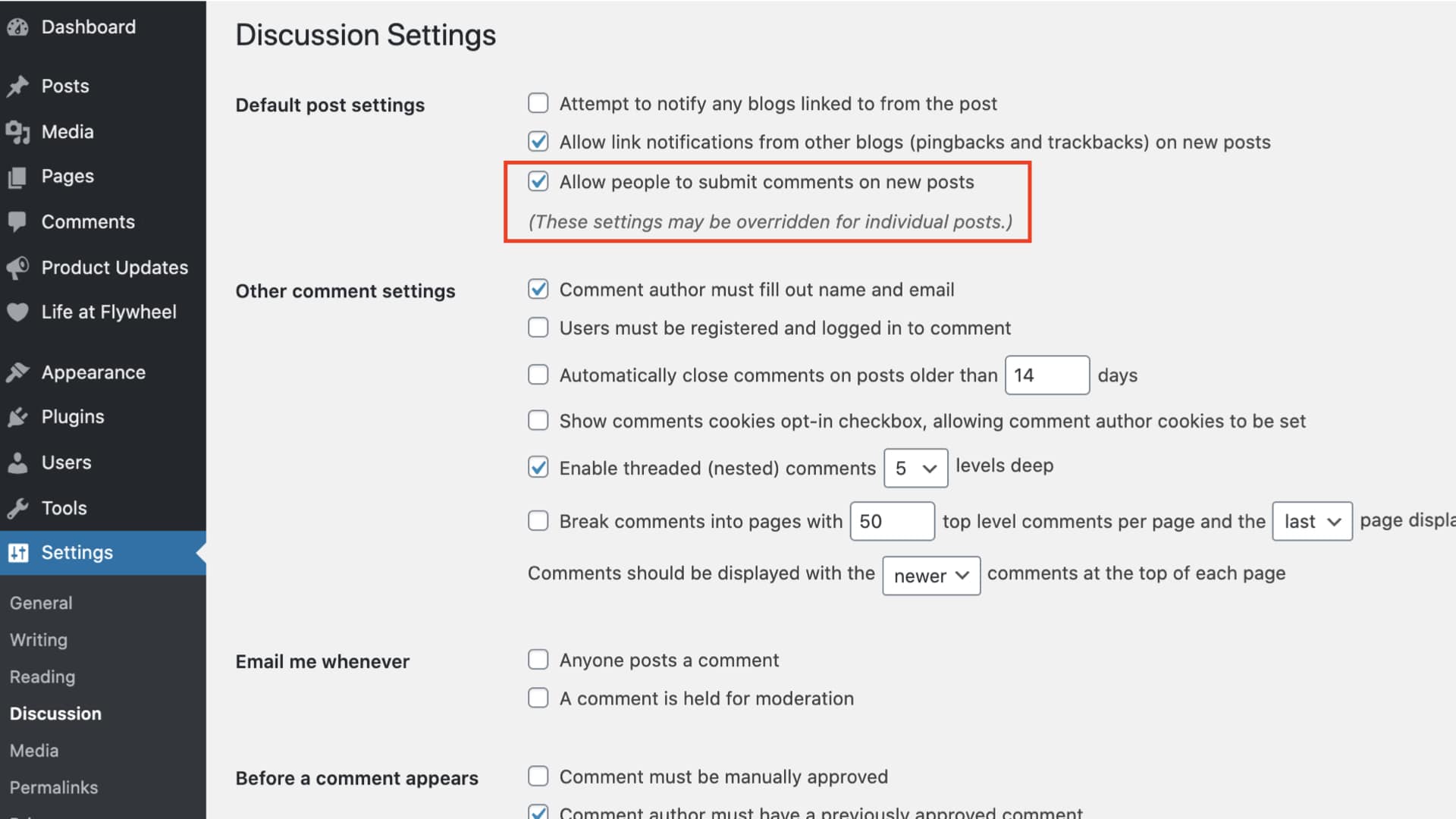 image of a WordPress back end environment in the Settings page. The option Allow People to Submit Comments on New Posts is highlighted with a red box