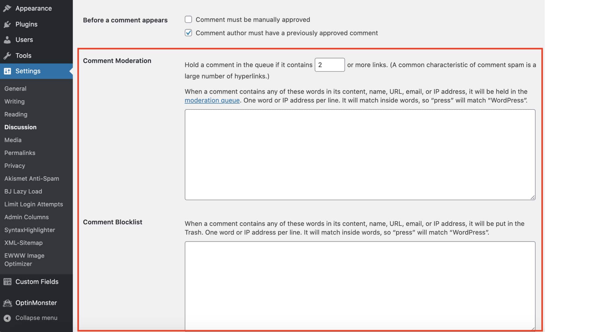 image of a WordPress back end environment in the Settings page. The Comment Moderation section is outlined with a red box