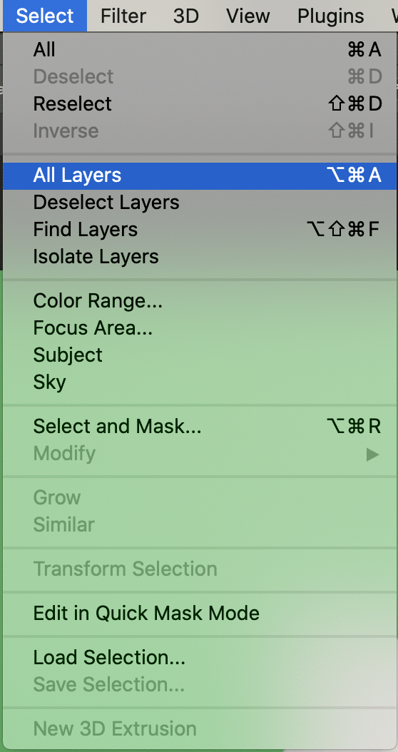 Screenshot of the "select" options and "all layers" is highlighted.