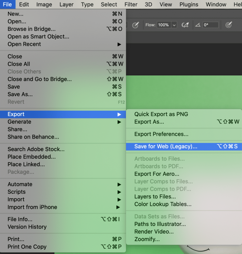 Screenshot of file > Export > save for web option highlighted