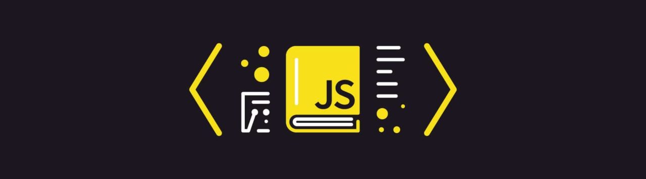 Yellow book illustration with JS on the cover atop a black background