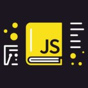 Yellow book illustration with JS on the cover atop a black background