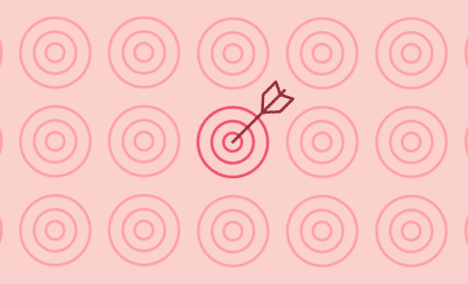 light pink background with pink targets, one red target in the center has a dark red arrow in the bullseye