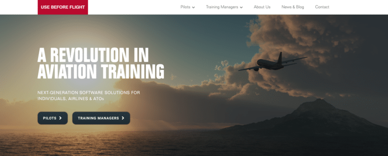 use before flight webpage screenshot with CTA buttons reading "Pilots" and "Training Managers"