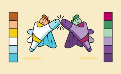 two identical icons of men in capes use different color palettes to indicate one is a hero and the other is a villain
