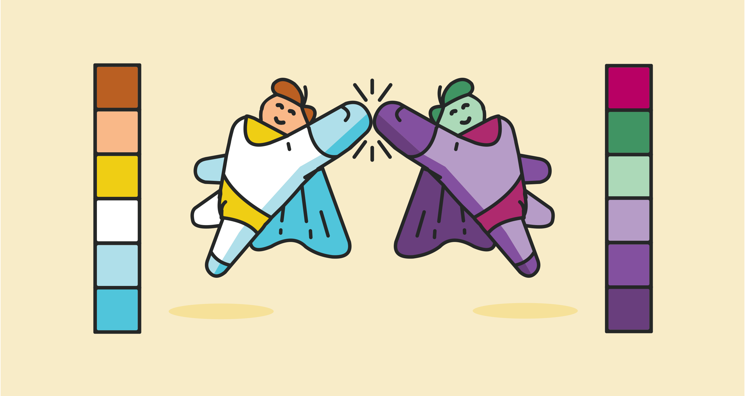 two identical icons of men in capes use different color palettes to indicate one is a hero and the other is a villain