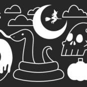 Black and white image with multiple halloween icons, including a skull, snake, and moon