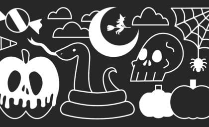 Black and white image with multiple halloween icons, including a skull, snake, and moon