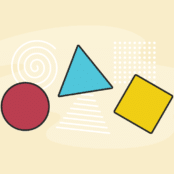a red circle, blue triangle, and yellow square. behind them, in faint white, are outlines of a spiral, a triangle made of horizontal lines, and a square composed of small, individual circles.