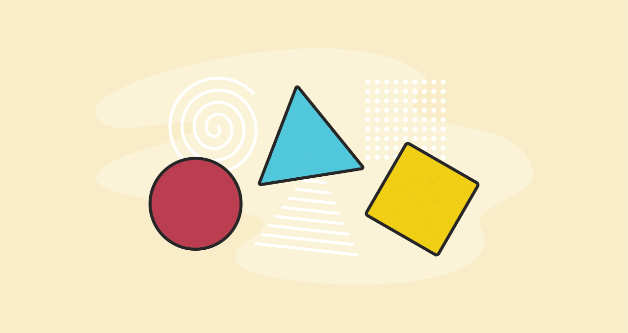 a red circle, blue triangle, and yellow square. behind them, in faint white, are outlines of a spiral, a triangle made of horizontal lines, and a square composed of small, individual circles.