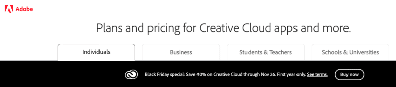 screenshot from Adobe Creative Cloud homepage showing the Black Friday 40% off special