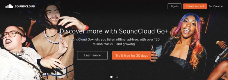 Screenshot from the SoundCloud homepage. Their logo in the left-hand corner is cloud-shaped, the left half of it is comprised of several thin vertical lines