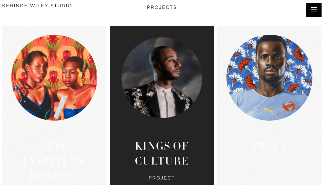 screenshot from the WordPress website of artist Kehinde Wiley featuring three of his portraits