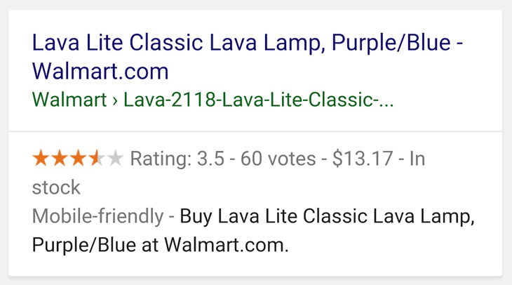 a Google search result for Lava Lite Classic Lava Lap uses structured data to display a 3.5 star rating and a price of $13.17