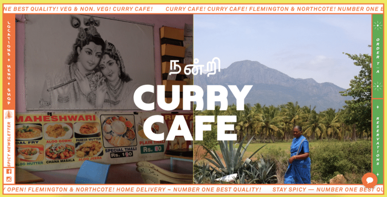 Screenshot from Curry Cafe website that shows the orange and green scrolling border that surrounds their site