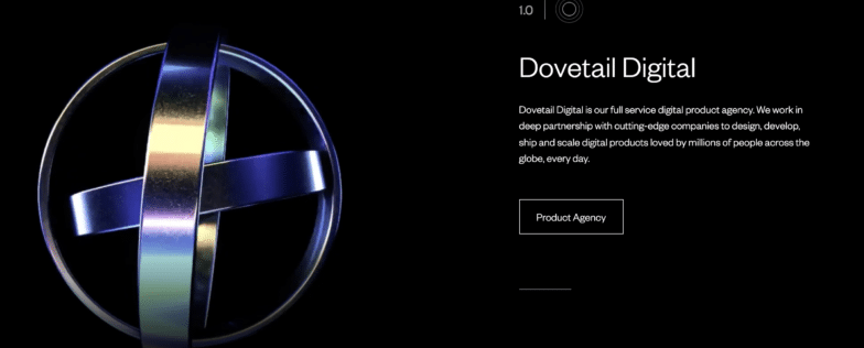 Screenshot from Dovetail Digital homepage featuring the Glassmorphic rings on a black background.