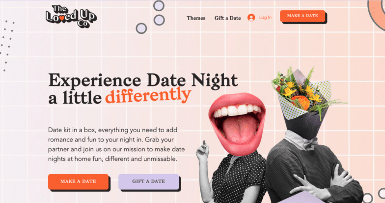 Screenshot from The Loved Up Co website featuring two collage-style "people." A woman's body in a polka dot dress has a smiling mouth pasted on for the head, and the body of a man in a collared sweater has had his head replaced with a bouquet of flowers. 