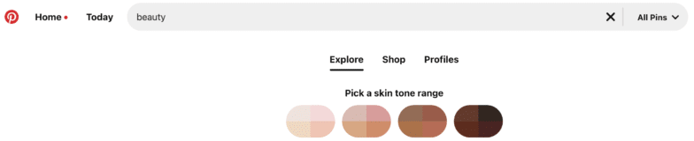 Screenshot from Pinterest after searching the term "beauty" showing their skin tone range feature