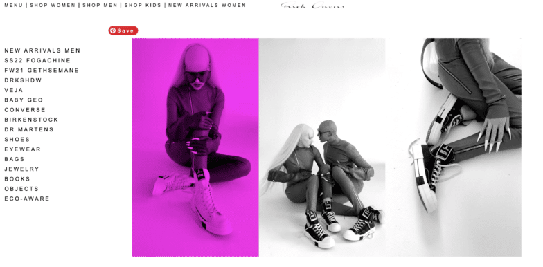 Screenshot from Rick Owens website. Three images, two in black and white and one with a bright pink overlay, are positioned to the right of the product navigation menu