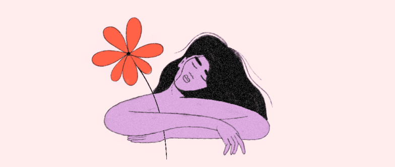 Screenshot from Victoire Douy mini-site. A purple cartoon woman with dark hair holds a red flower