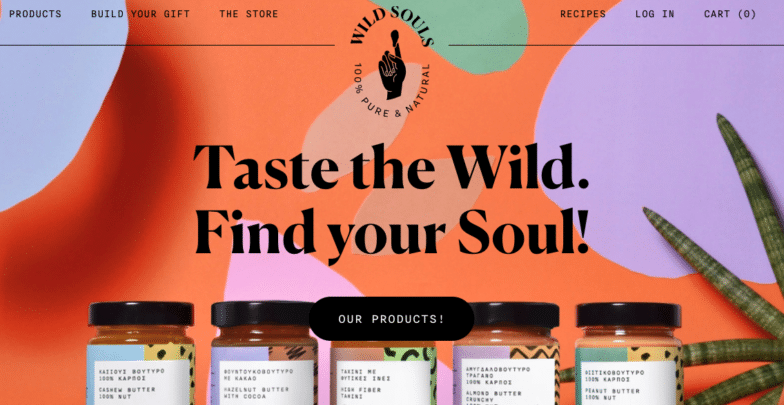 Screenshot from Wild Souls homepage. Orange background with pastel abstract shapes with a view of 5 product jars and an aloe plant