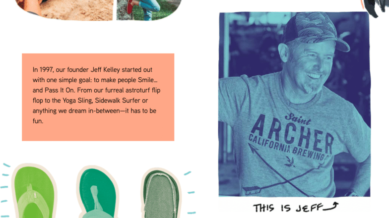 Screenshot from the brand page of the Sanuk website featuring a picture of their founder. Beneath the picture in handwritten-style lettering, a caption reads "This is Jeff"